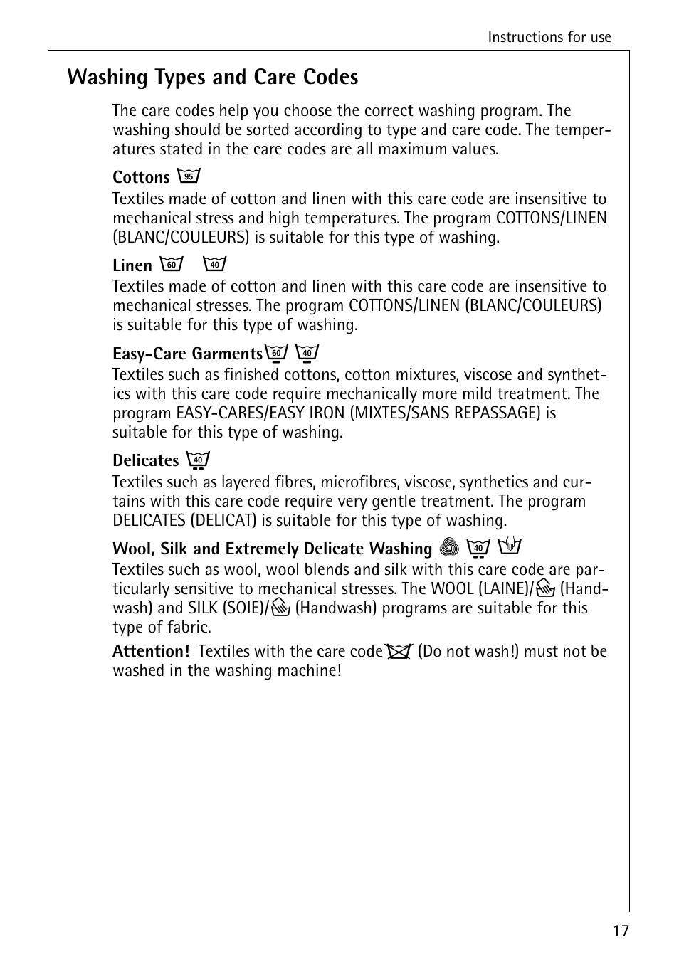 Washing types and care codes | AEG KO-LAVAMAT 88830 User Manual | Page 17 / 56