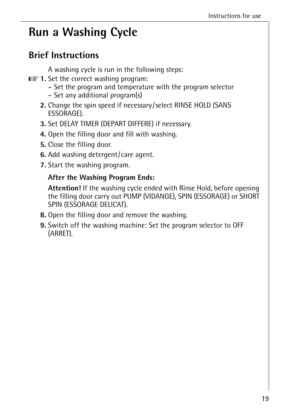 Run a washing cycle, Brief instructions | AEG KO-LAVAMAT 88830 User Manual | Page 19 / 56