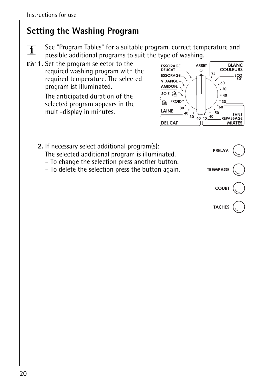 Setting the washing program | AEG KO-LAVAMAT 88830 User Manual | Page 20 / 56