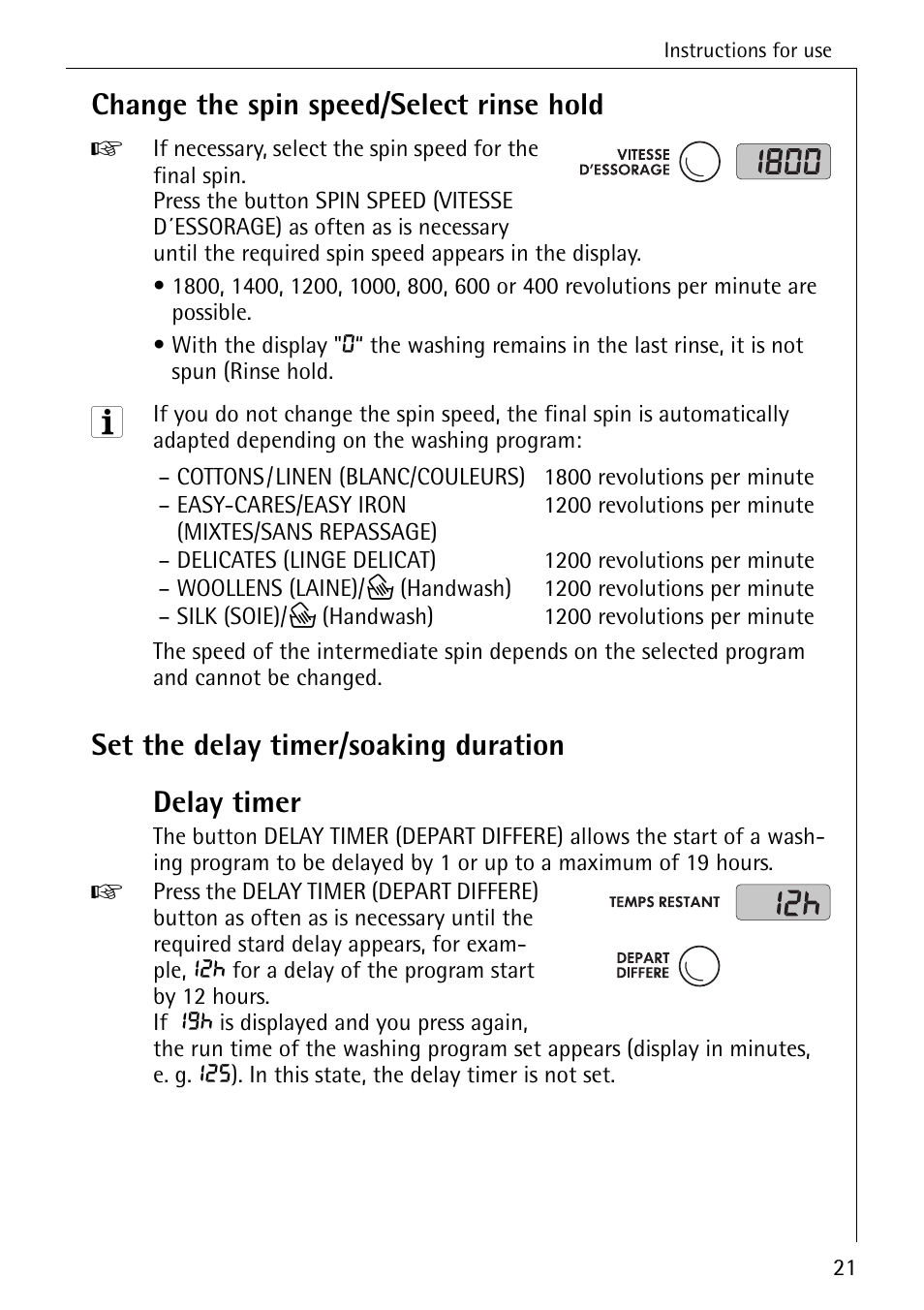 Change the spin speed/select rinse hold, Set the delay timer/soaking duration delay timer | AEG KO-LAVAMAT 88830 User Manual | Page 21 / 56