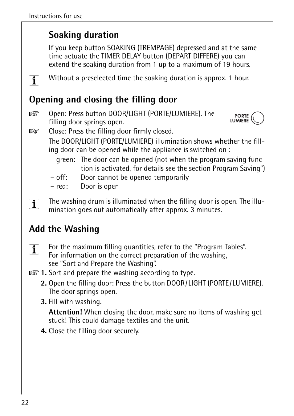 Soaking duration, Opening and closing the filling door, Add the washing | AEG KO-LAVAMAT 88830 User Manual | Page 22 / 56