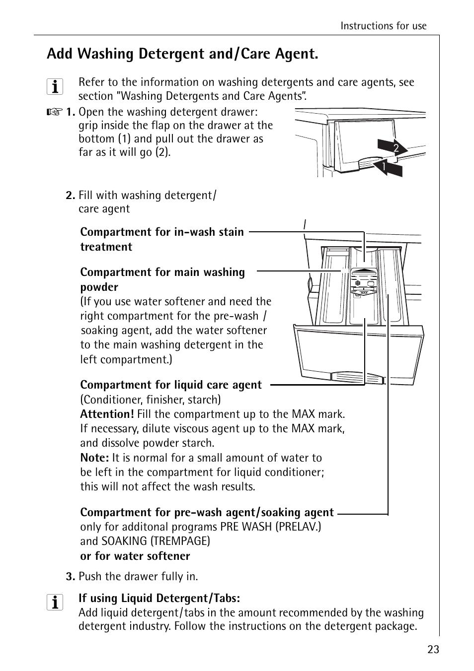 Add washing detergent and/care agent | AEG KO-LAVAMAT 88830 User Manual | Page 23 / 56