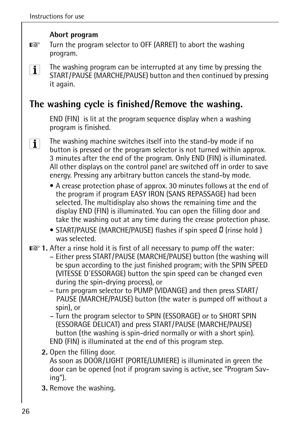 The washing cycle is finished/remove the washing | AEG KO-LAVAMAT 88830 User Manual | Page 26 / 56