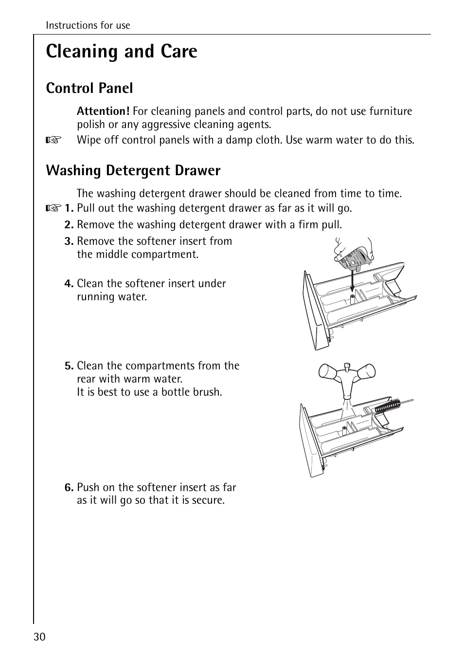 Cleaning and care, Control panel, Washing detergent drawer | AEG KO-LAVAMAT 88830 User Manual | Page 30 / 56