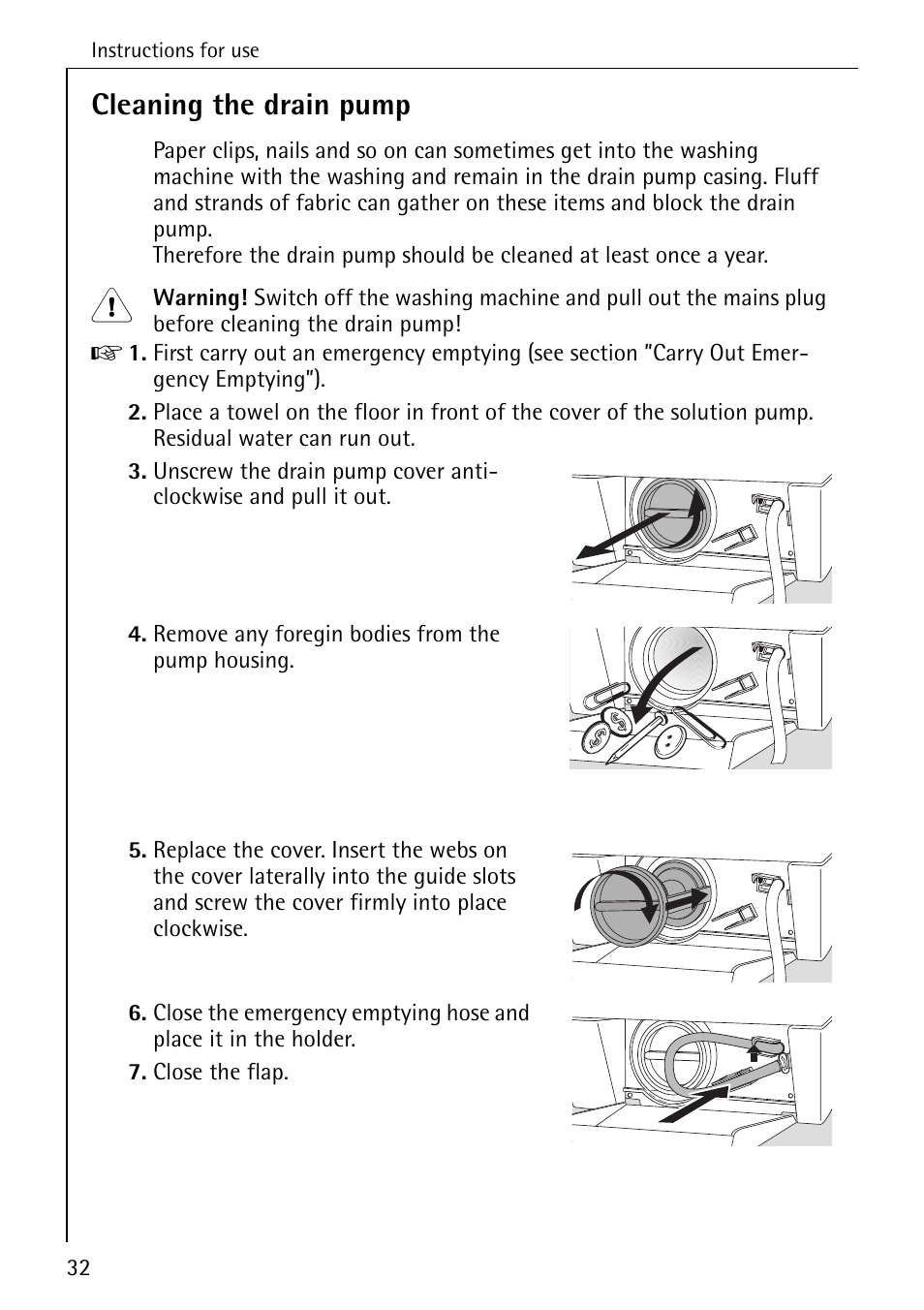 Cleaning the drain pump | AEG KO-LAVAMAT 88830 User Manual | Page 32 / 56