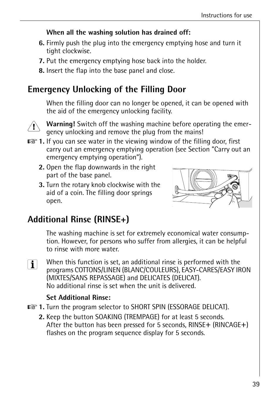 Emergency unlocking of the filling door, Additional rinse (rinse+) | AEG KO-LAVAMAT 88830 User Manual | Page 39 / 56