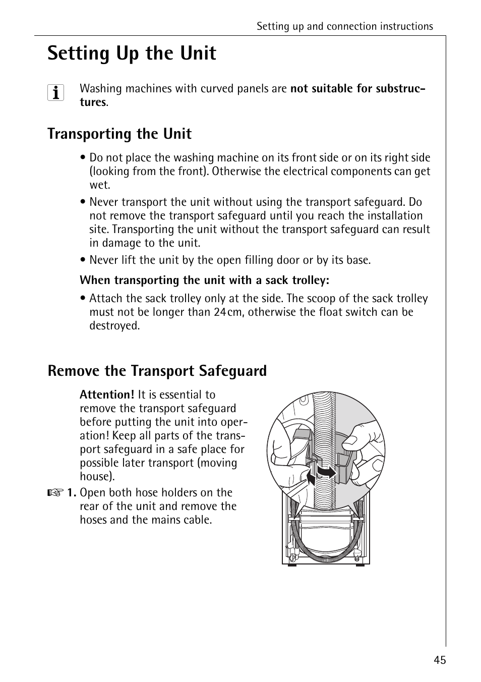 Setting up the unit, Transporting the unit, Remove the transport safeguard | AEG KO-LAVAMAT 88830 User Manual | Page 45 / 56