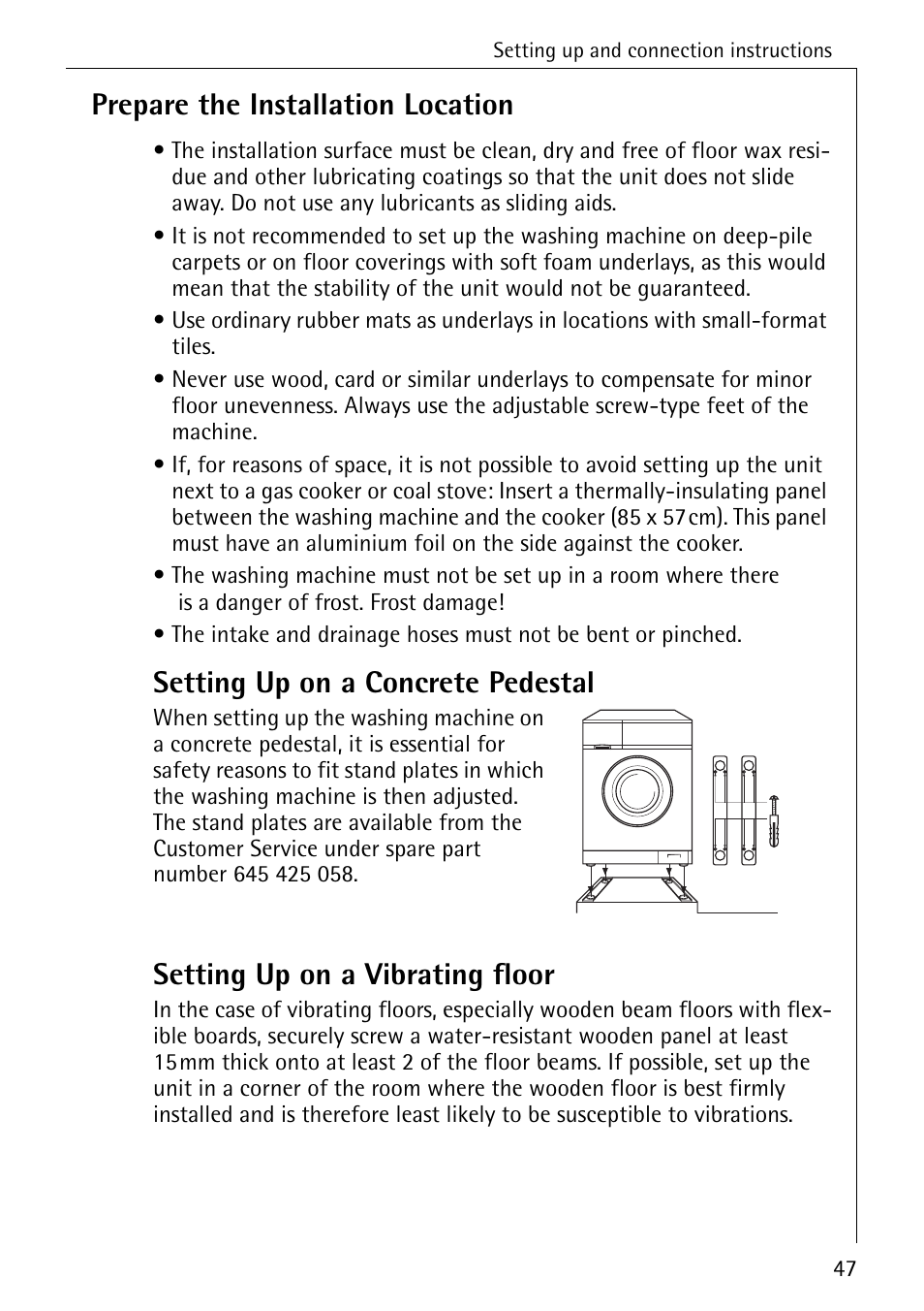 Prepare the installation location, Setting up on a concrete pedestal, Setting up on a vibrating floor | AEG KO-LAVAMAT 88830 User Manual | Page 47 / 56