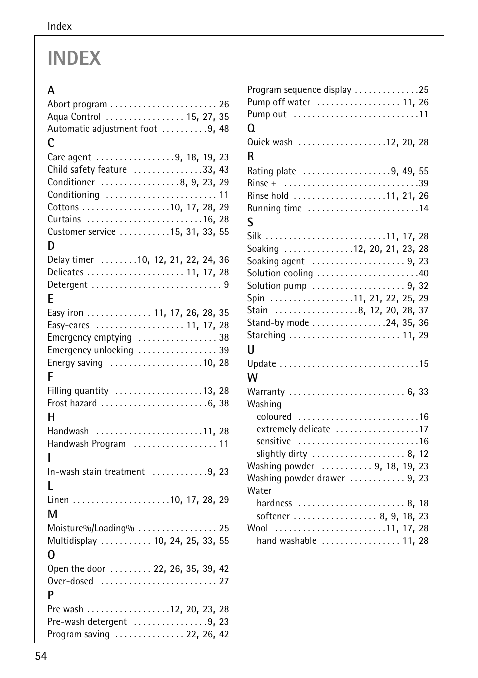 Index | AEG KO-LAVAMAT 88830 User Manual | Page 54 / 56