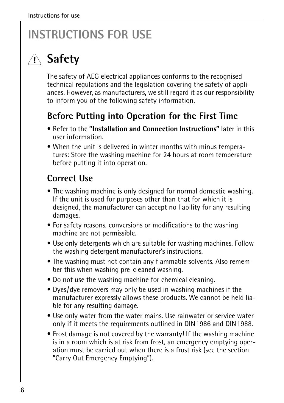 Instructions for use, Safety, Before putting into operation for the first time | Correct use | AEG KO-LAVAMAT 88830 User Manual | Page 6 / 56