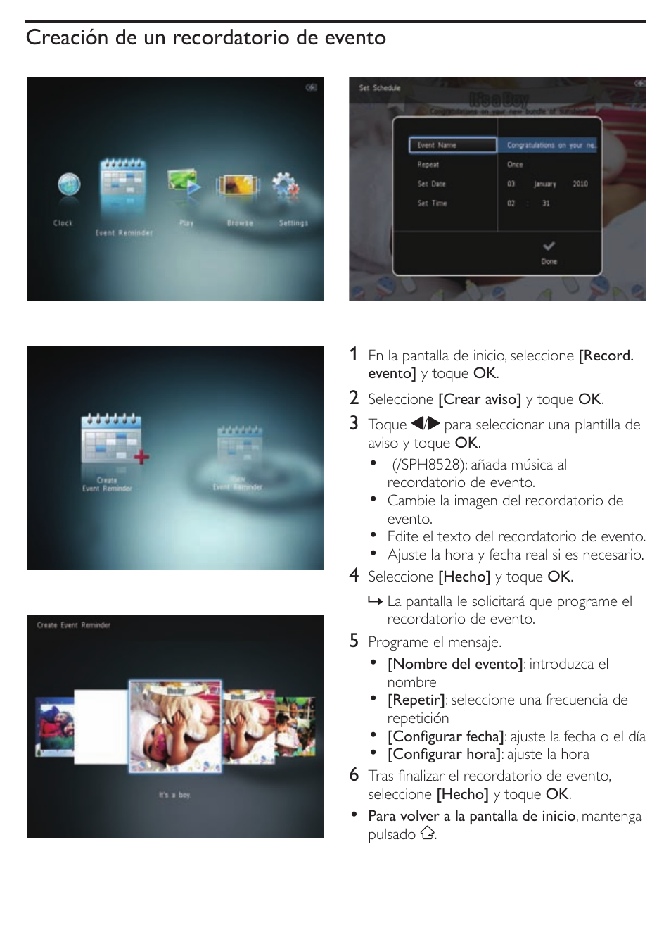Creación de un recordatorio de evento | Philips Álbum de fotos digital User Manual | Page 7 / 8