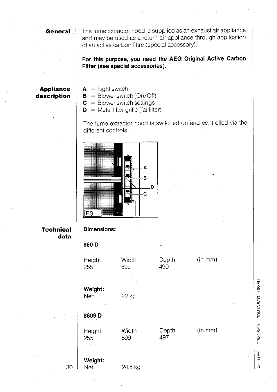 Dimensions, 860 d, Weight | 8609 d | AEG 860 D User Manual | Page 5 / 24