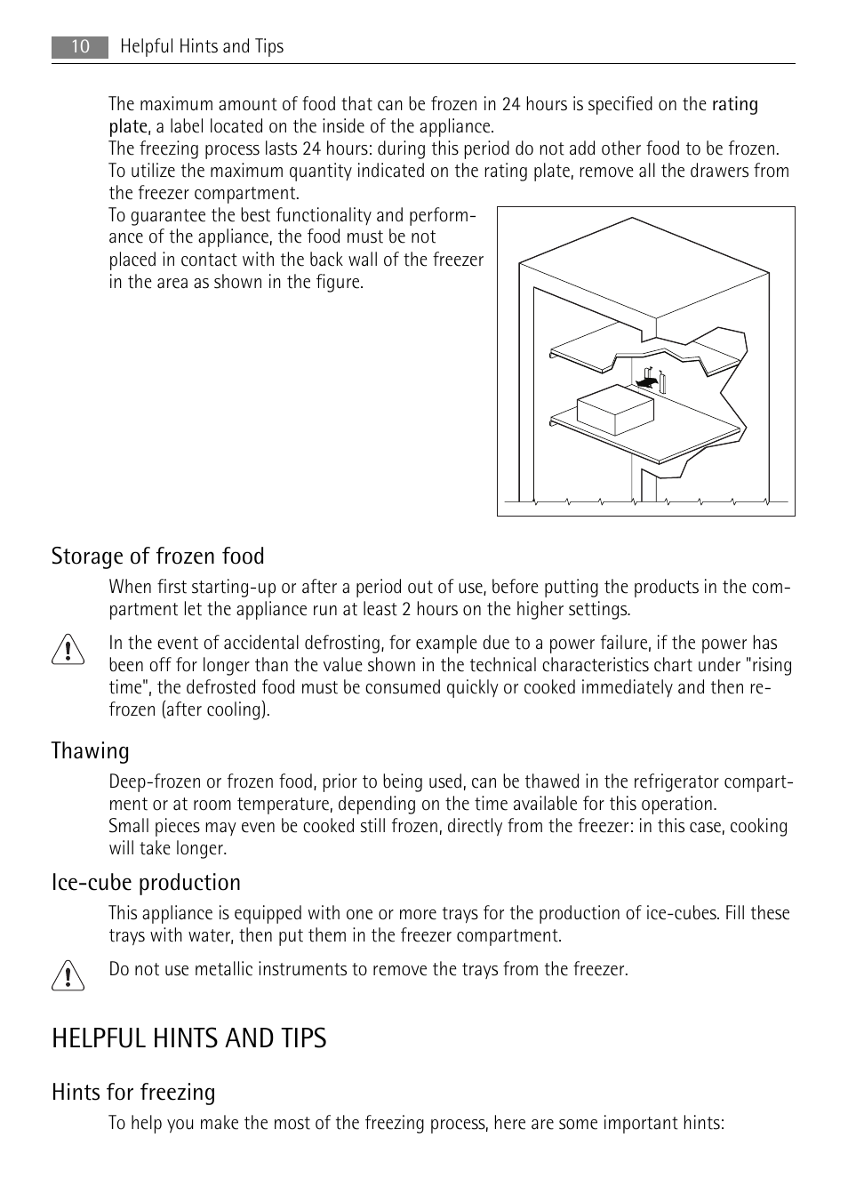 Helpful hints and tips, Storage of frozen food, Thawing | Ice-cube production, Hints for freezing | AEG AGS78800F0 User Manual | Page 10 / 20