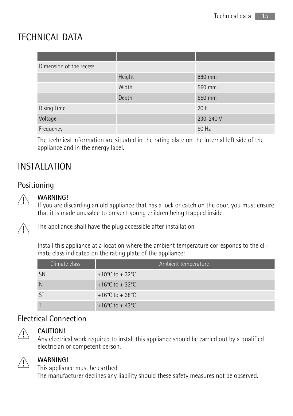 Technical data, Installation, Positioning | Electrical connection | AEG AGS78800F0 User Manual | Page 15 / 20