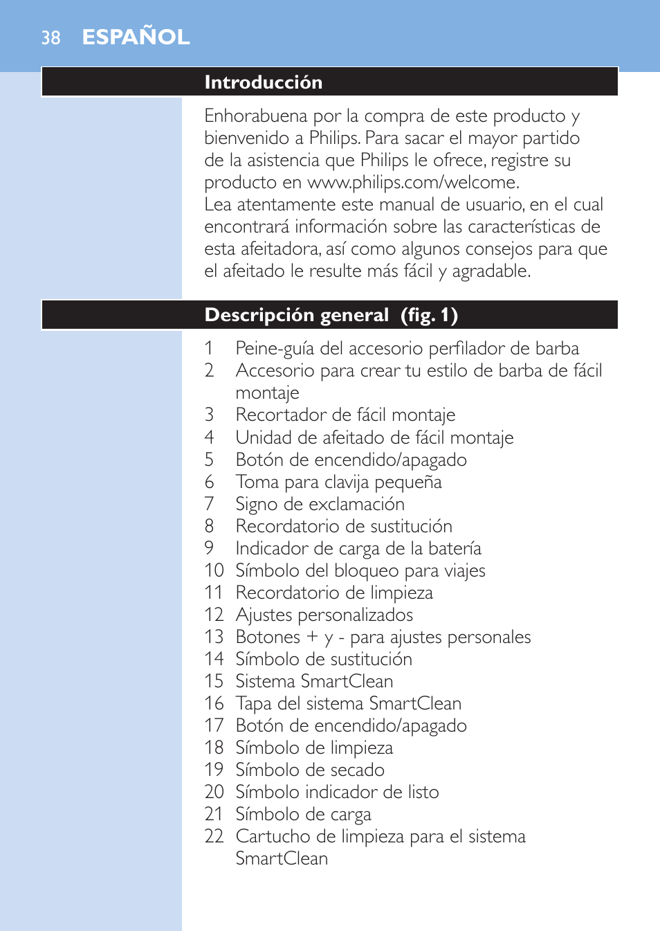 Español | Philips SHAVER Series 9000 afeitadora eléctrica en mojado y seco User Manual | Page 38 / 200