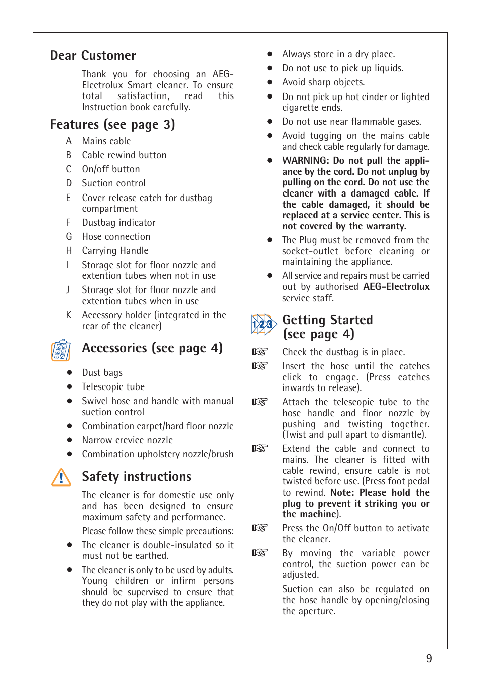 Dear customer, Features (see page 3), Accessories (see page 4) | Safety instructions, Getting started (see page 4) | AEG ELECTROLUX 460 User Manual | Page 6 / 9