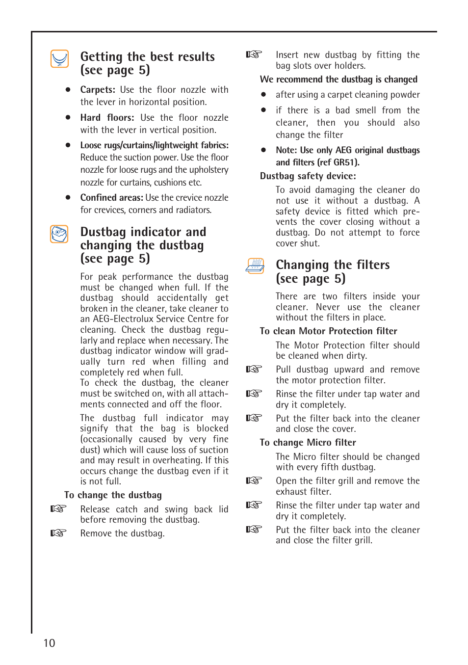 Getting the best results (see page 5), Changing the filters (see page 5) | AEG ELECTROLUX 460 User Manual | Page 7 / 9