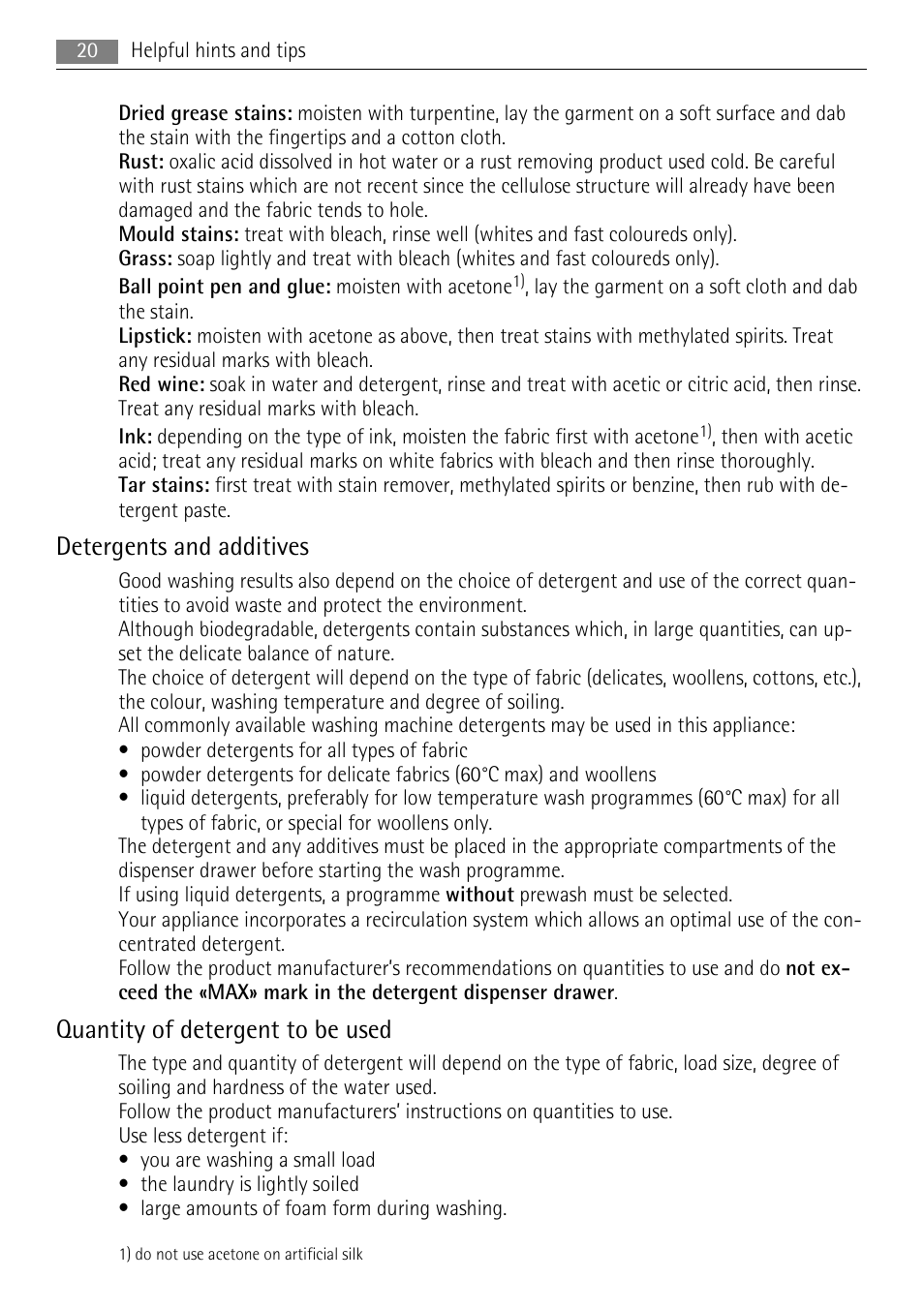 Detergents and additives, Quantity of detergent to be used | AEG LAVAMAT LN 79689A3 User Manual | Page 20 / 40