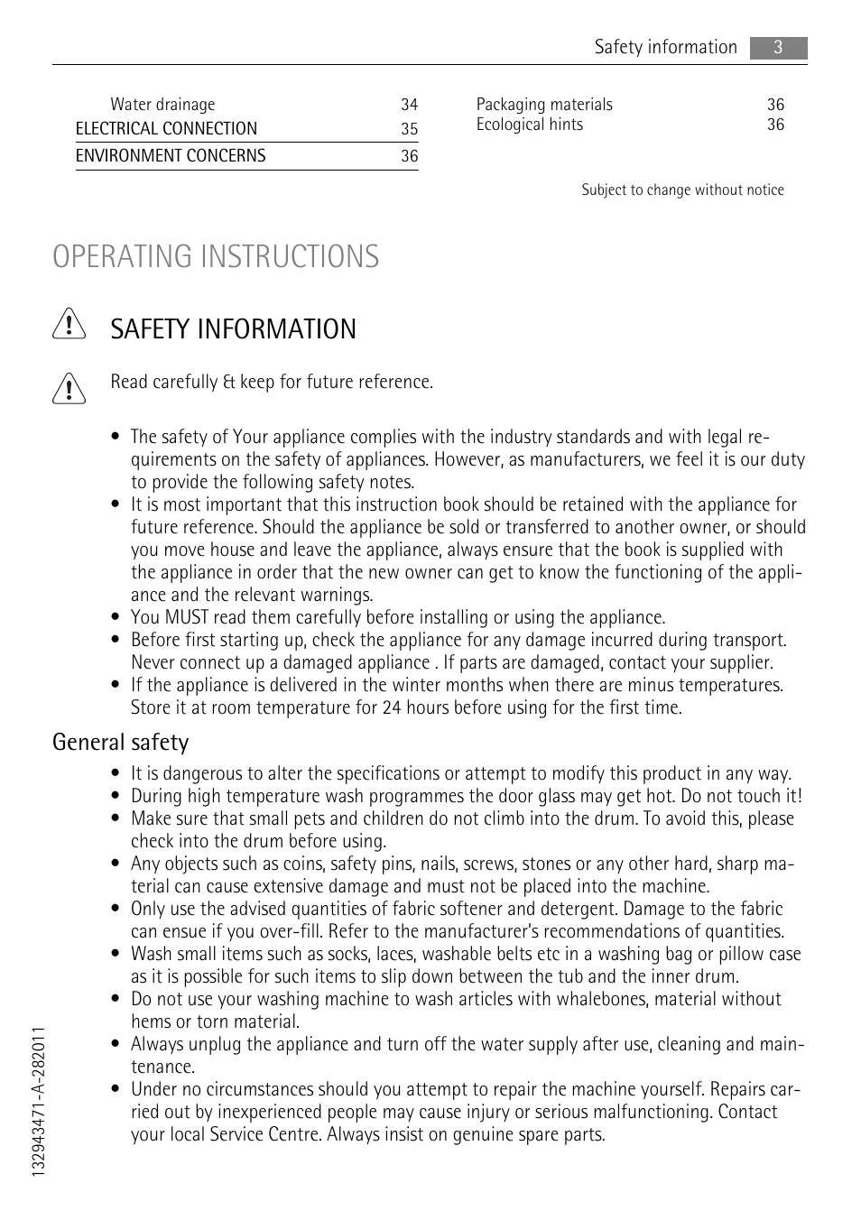 Operating instructions, Safety information, General safety | AEG LAVAMAT LN 79689A3 User Manual | Page 3 / 40