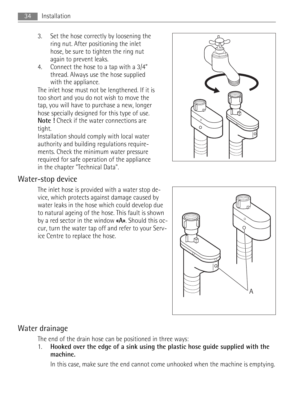 Water-stop device, Water drainage | AEG LAVAMAT LN 79689A3 User Manual | Page 34 / 40
