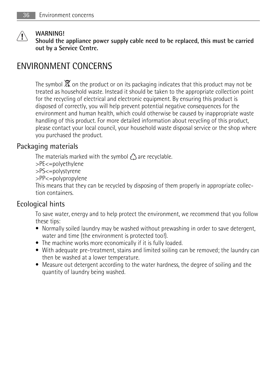 Environment concerns, Packaging materials, Ecological hints | AEG LAVAMAT LN 79689A3 User Manual | Page 36 / 40
