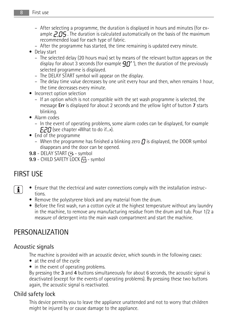 First use, Personalization, Acoustic signals | Child safety lock | AEG LAVAMAT LN 79689A3 User Manual | Page 8 / 40