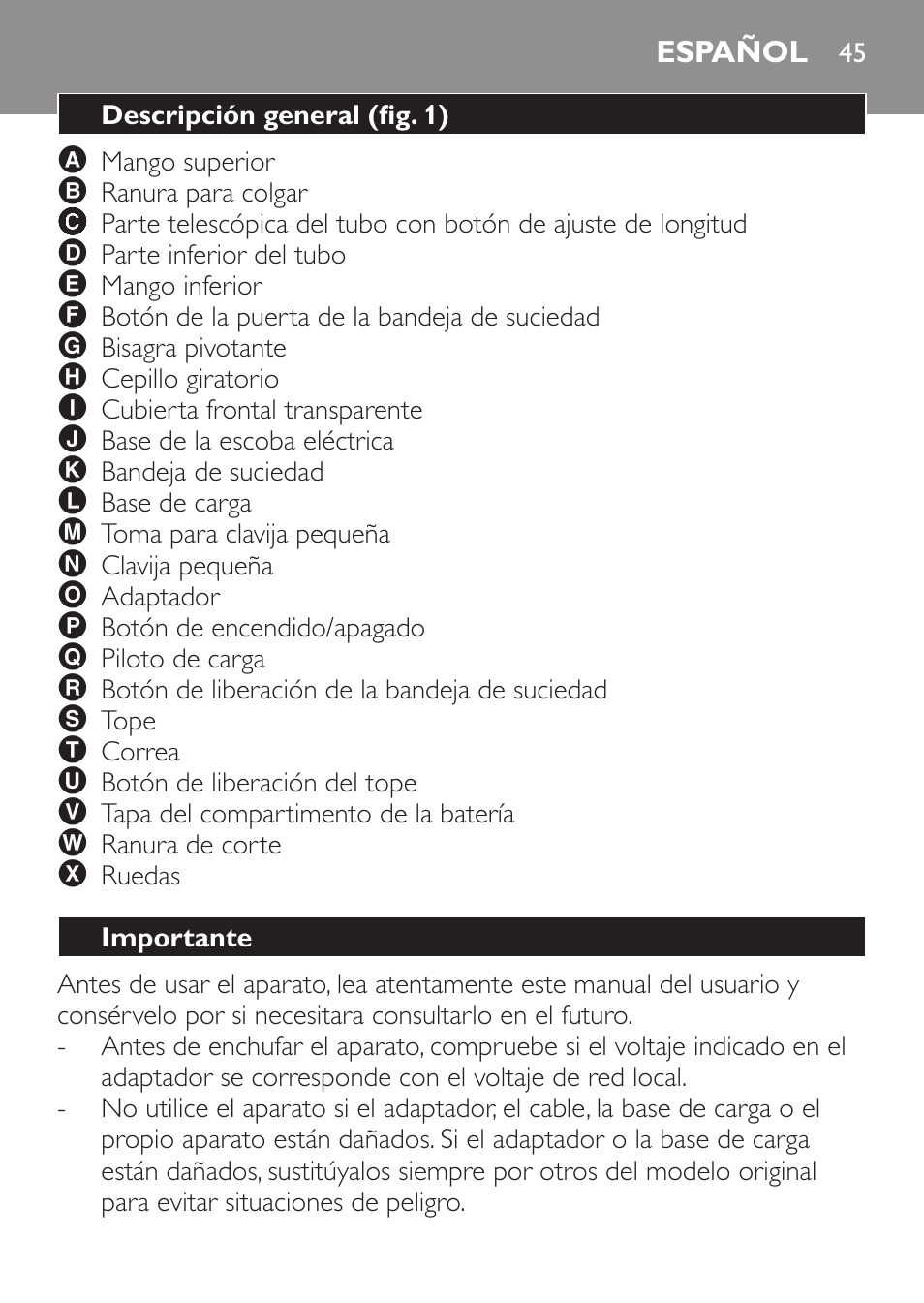 Español, Descripción general (fig. 1), Importante | Philips Escoba eléctrica User Manual | Page 45 / 132