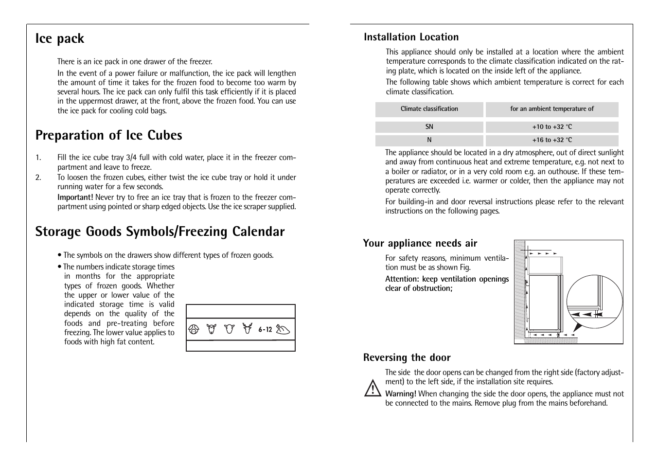Ice pack, Preparation of ice cubes, Storage goods symbols/freezing calendar | Installation location, Your appliance needs air, Reversing the door | AEG C 7 14 40 I User Manual | Page 10 / 14