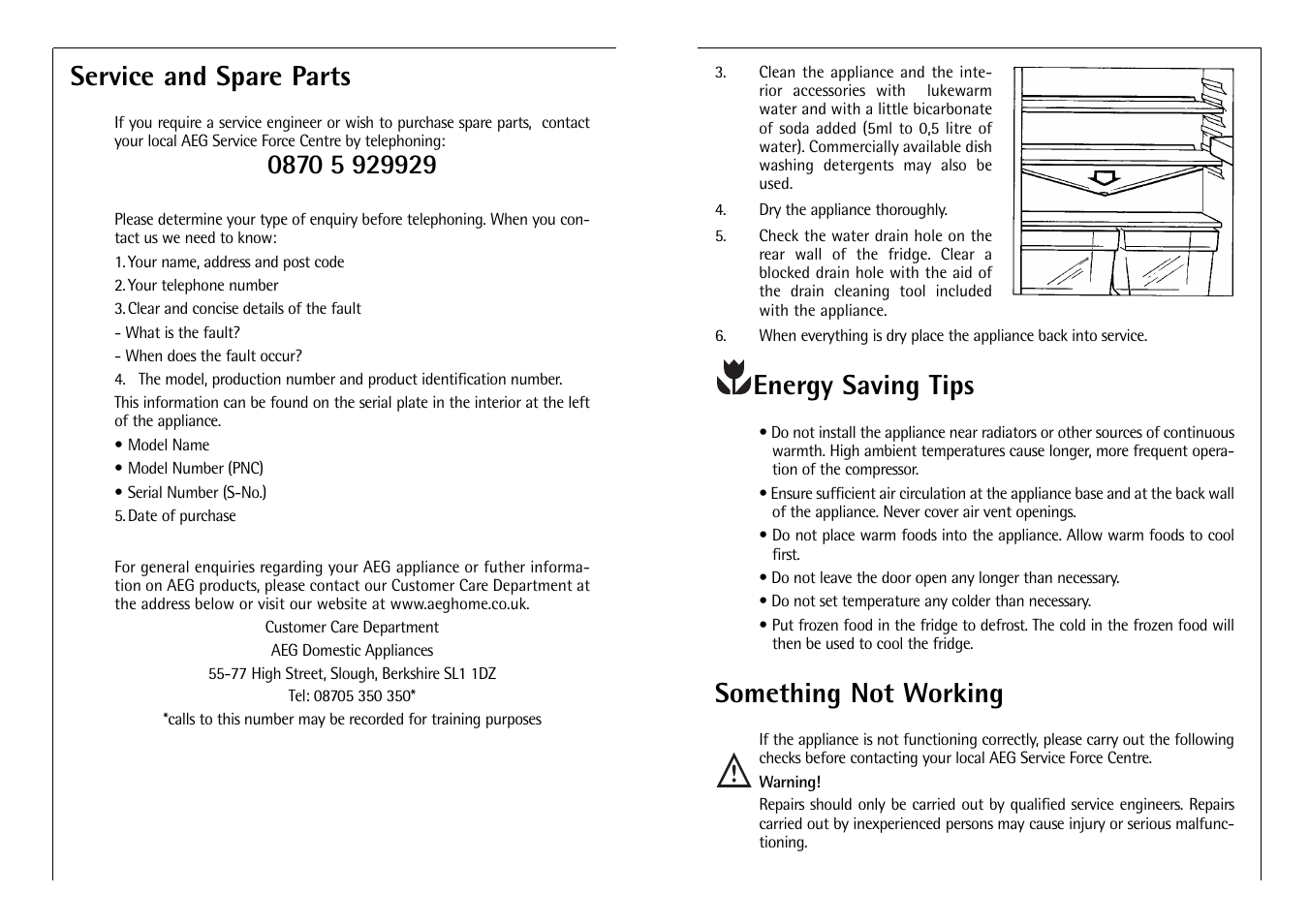 Energy saving tips, Something not working, Service and spare parts | AEG C 7 14 40 I User Manual | Page 13 / 14