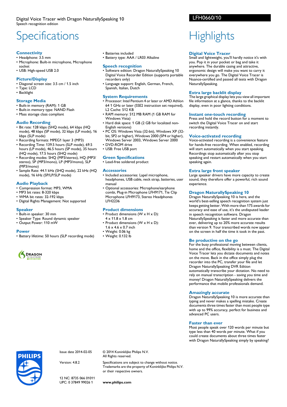 Specifications, Highlights | Philips Digital Voice Tracer User Manual | Page 2 / 2