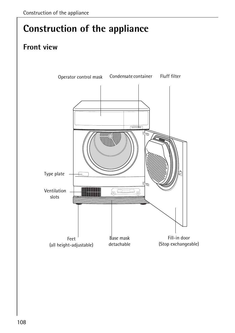 Construction of the appliance, Front view | AEG LAVATHERM T500 User Manual | Page 12 / 32