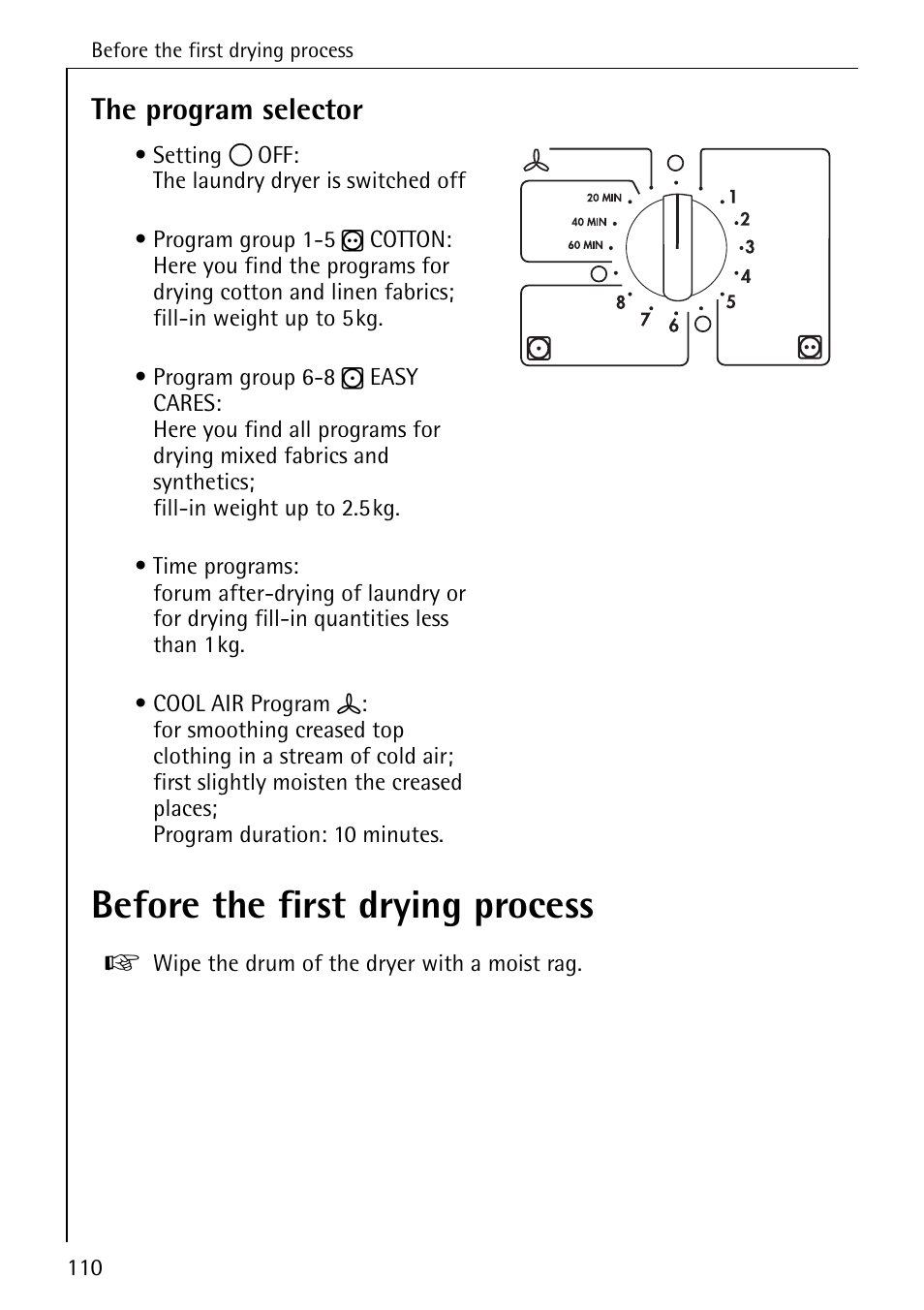 Before the first drying process, The program selector | AEG LAVATHERM T500 User Manual | Page 14 / 32