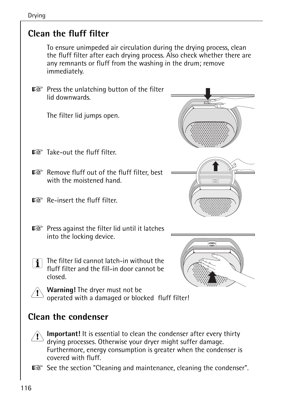 Clean the fluff filter, Clean the condenser | AEG LAVATHERM T500 User Manual | Page 20 / 32