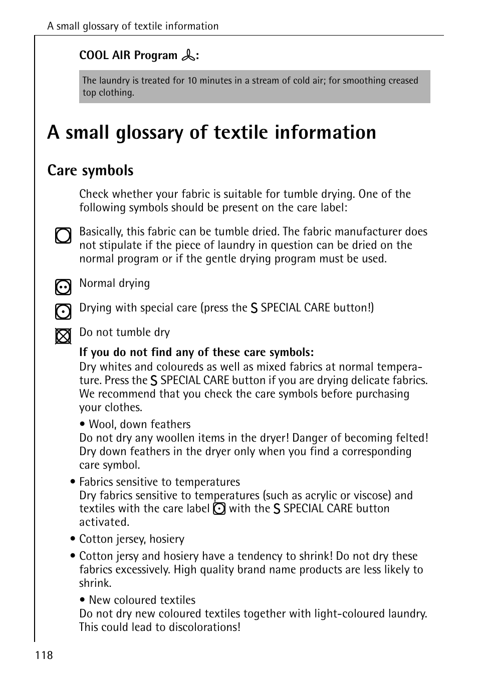 A small glossary of textile information, Care symbols | AEG LAVATHERM T500 User Manual | Page 22 / 32