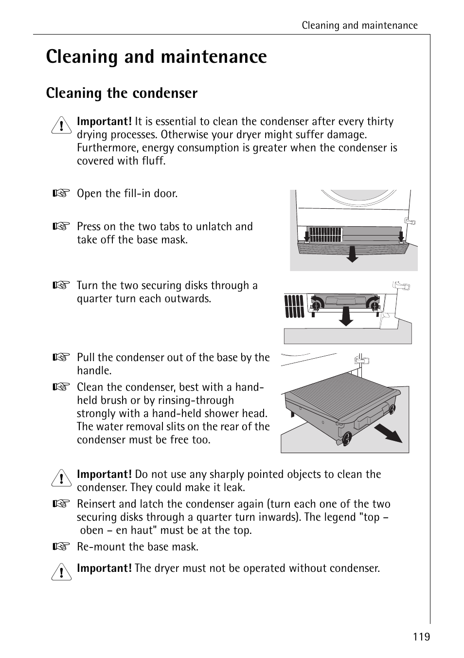 Cleaning and maintenance, Cleaning the condenser | AEG LAVATHERM T500 User Manual | Page 23 / 32