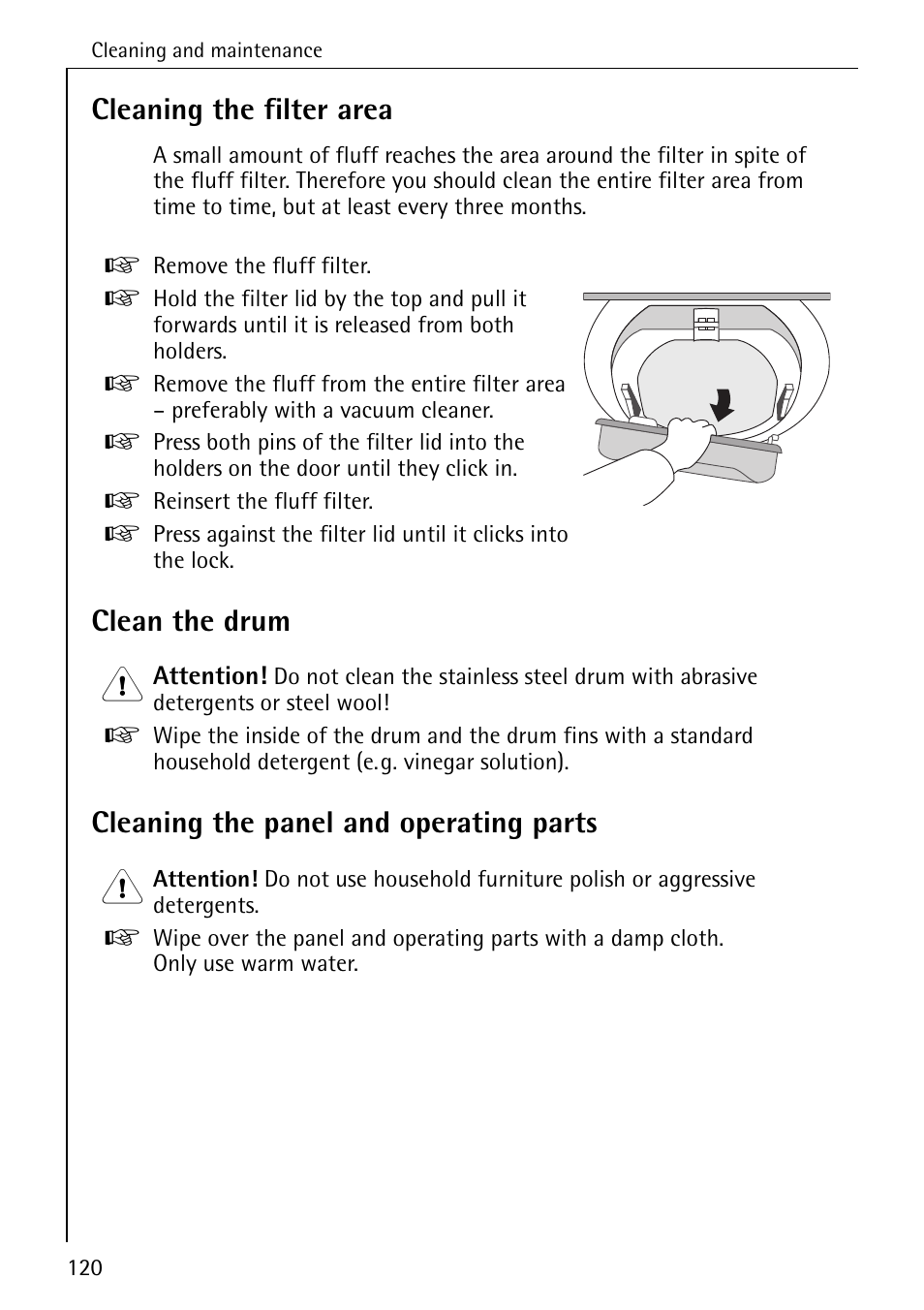 Cleaning the filter area, Clean the drum, Cleaning the panel and operating parts | AEG LAVATHERM T500 User Manual | Page 24 / 32