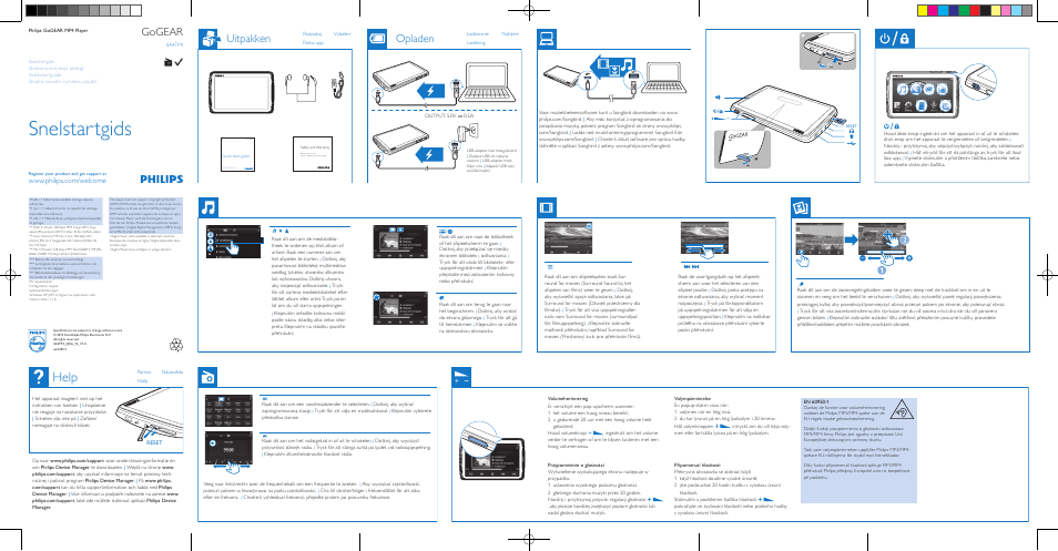 Snelstartgids, Help, Gogear | Uitpakken opladen | Philips GoGEAR Reproductor de vídeo y MP3 User Manual | Page 2 / 2