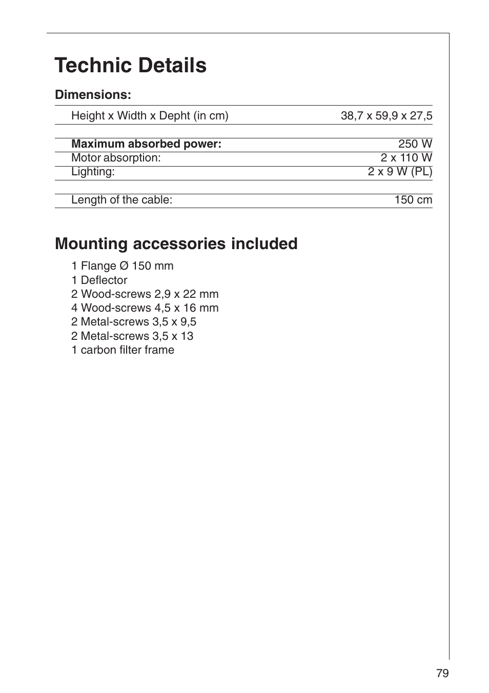 Technic details, Mounting accessories included | AEG DF 6260 User Manual | Page 13 / 21