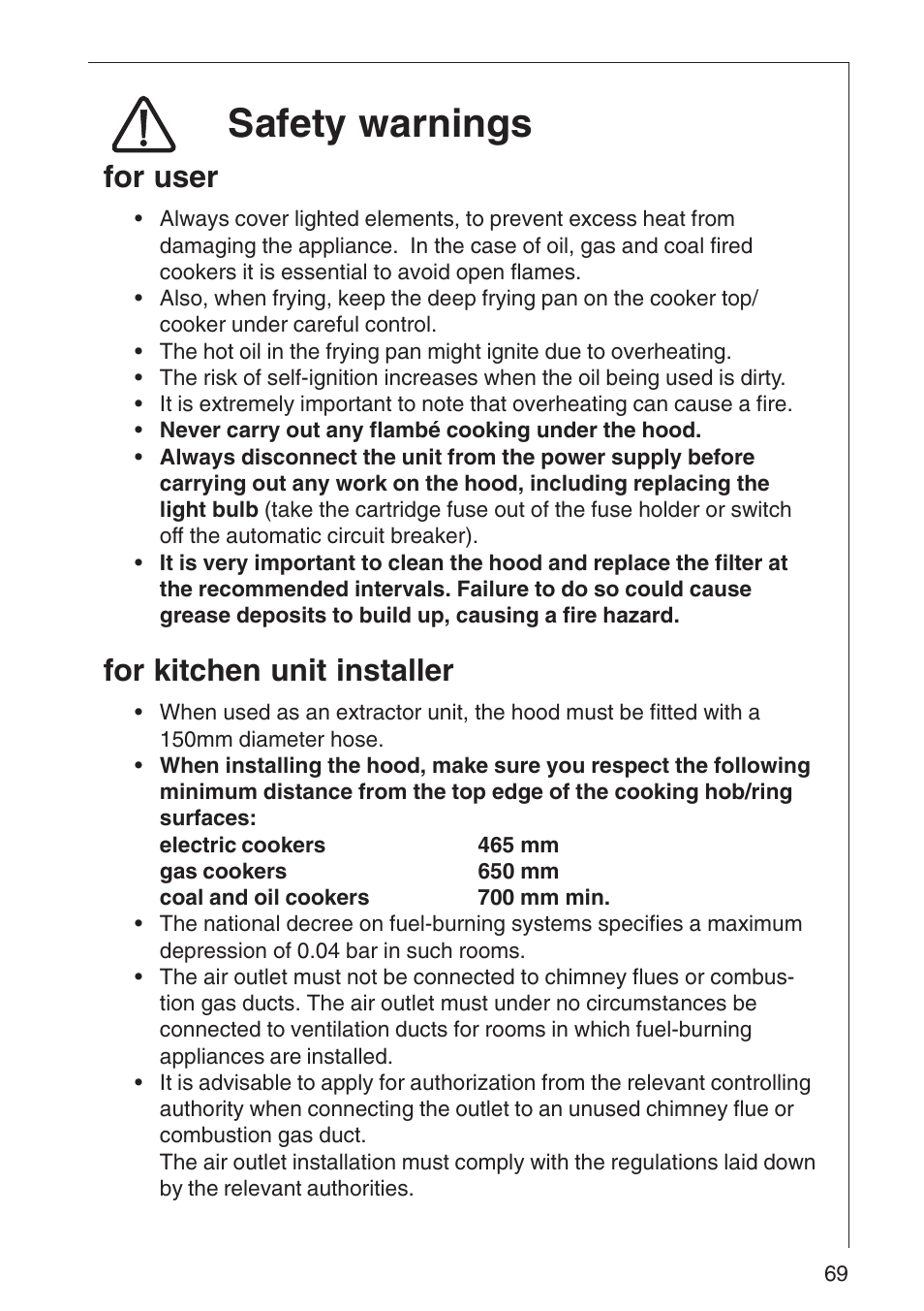 Safety warnings, For user, For kitchen unit installer | AEG DF 6260 User Manual | Page 3 / 21