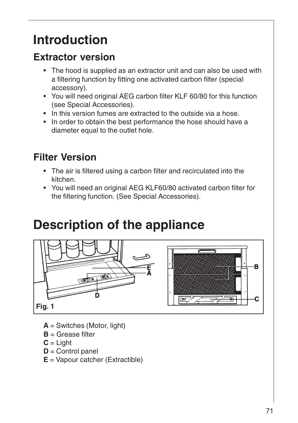 Introduction, Description of the appliance, Extractor version | Filter version | AEG DF 6260 User Manual | Page 5 / 21