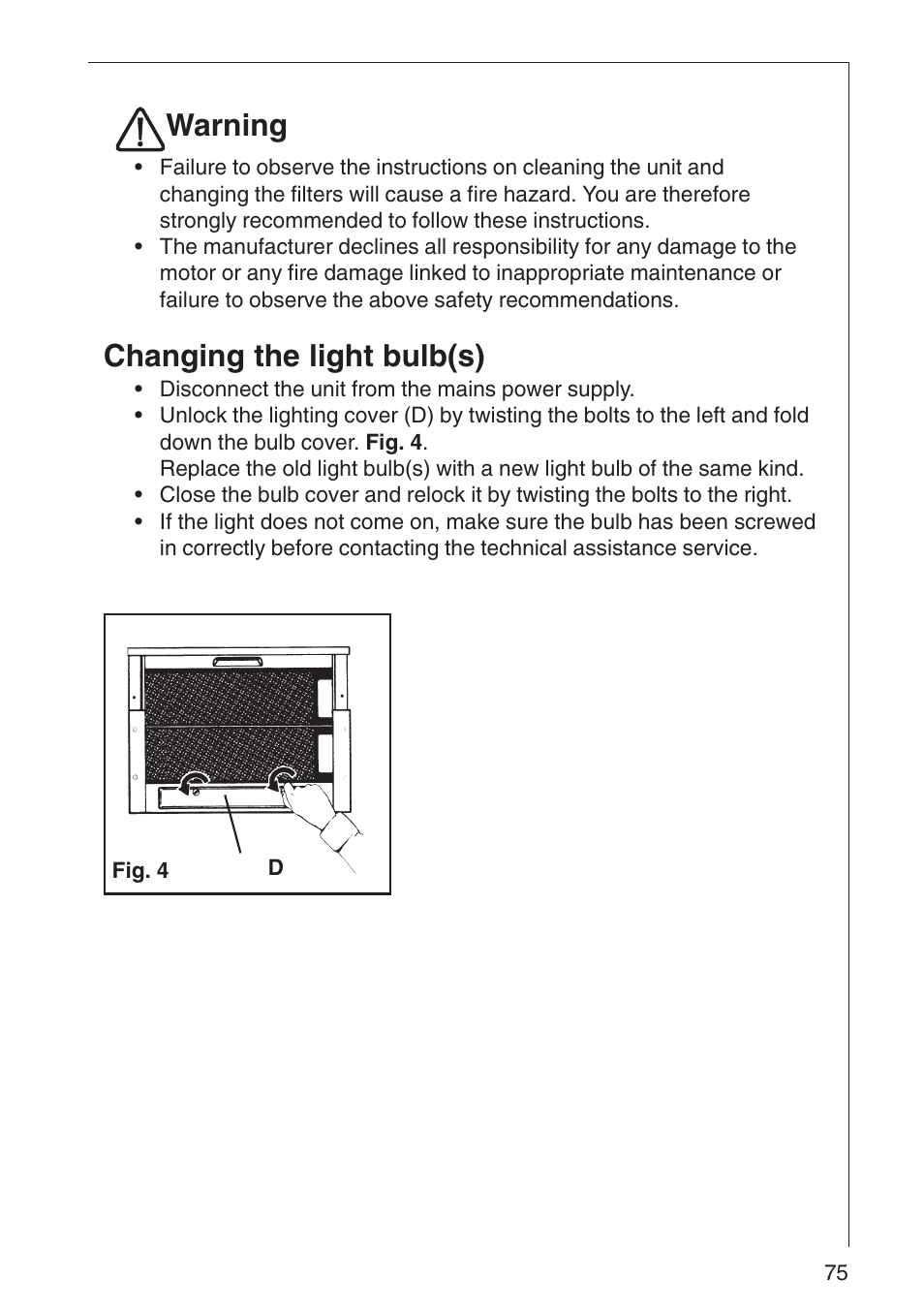 Warning, Changing the light bulb(s) | AEG DF 6260 User Manual | Page 9 / 21