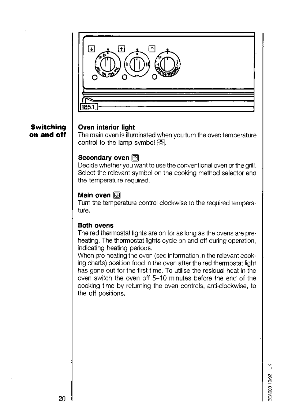 Switching oven interior iight, Secondary oven, Main oven | Both ovens | AEG 318V User Manual | Page 20 / 40