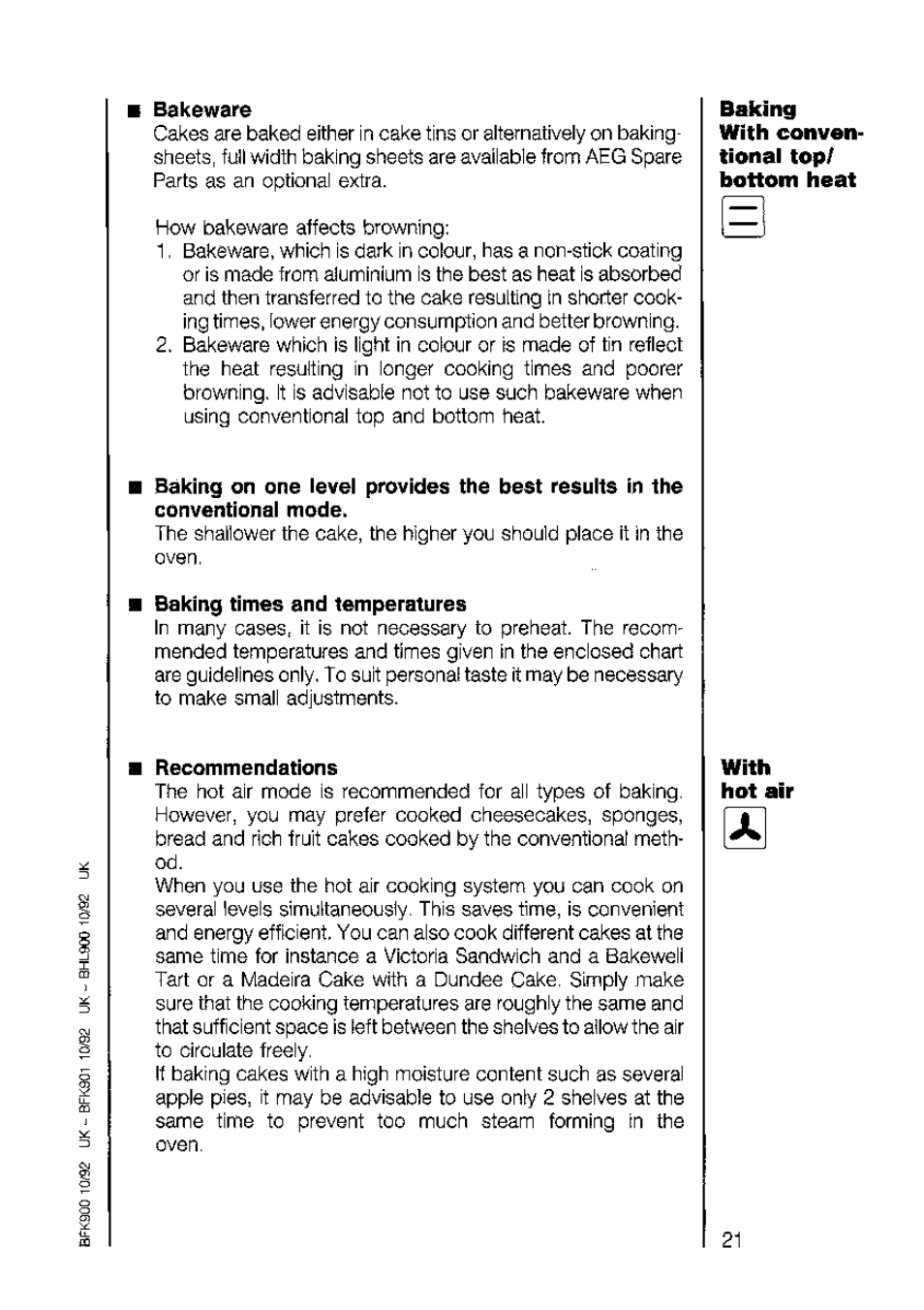 Bakeware, Baking times and temperatures, Recommendations | AEG 318V User Manual | Page 21 / 40