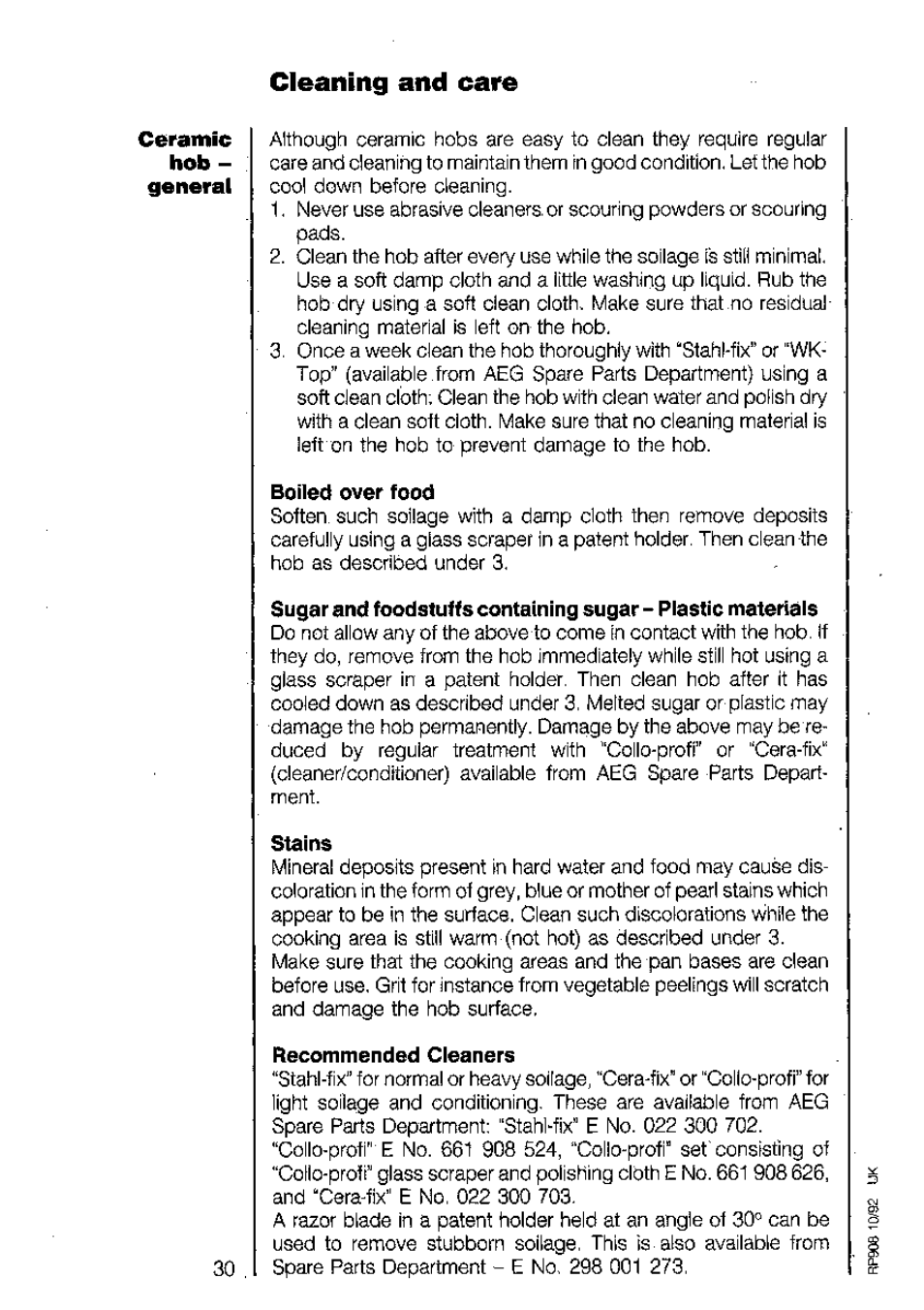 Cleaning and care, Boiled over food, Stains | AEG 318V User Manual | Page 30 / 40