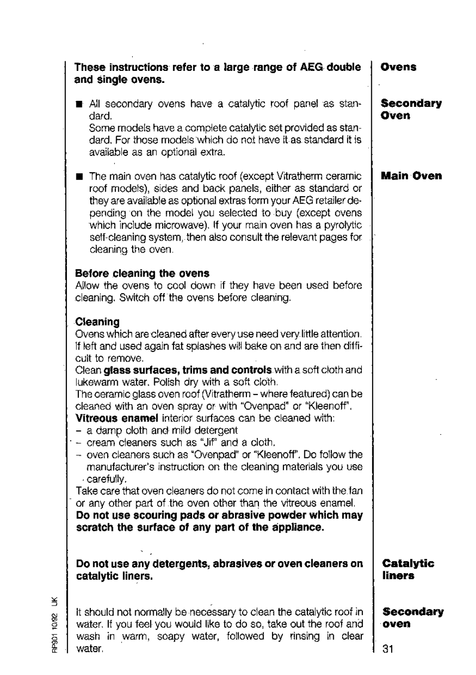 Before cleaning the ovens, Cleaning, Precleaning the ovens | AEG 318V User Manual | Page 31 / 40