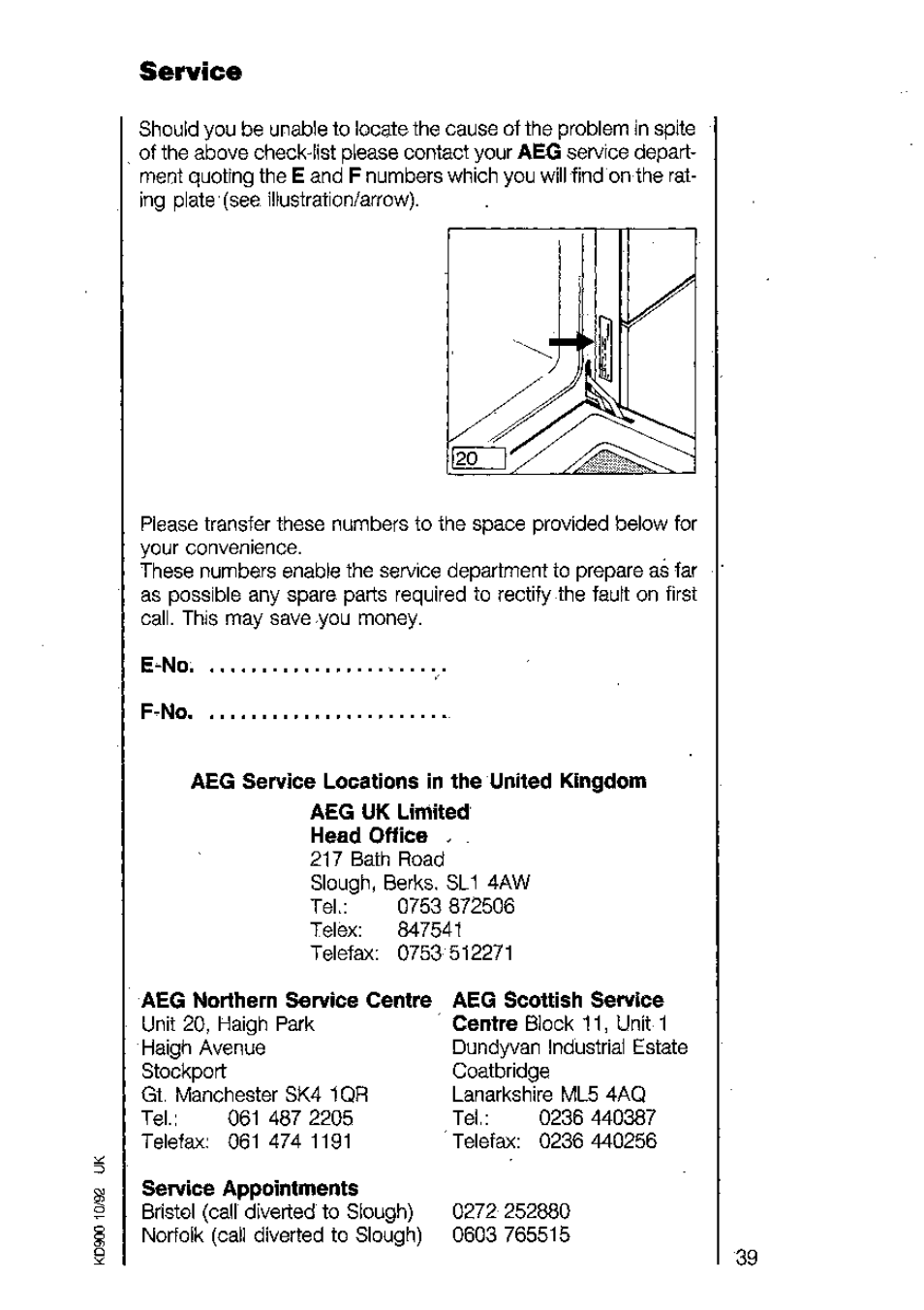 Service, E-no, F-no | Aeg service locations in the united kingdom, Aeg northern service centre, Service appointments | AEG 318V User Manual | Page 39 / 40