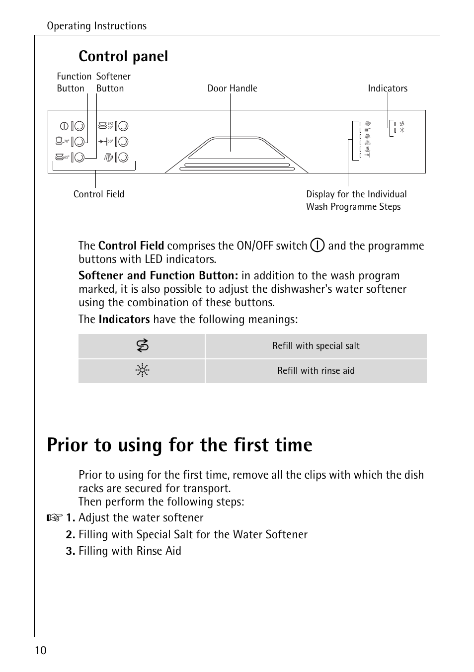 Prior to using for the first time, Control panel, The control field comprises the on/off switch | AEG KO_FAVORIT 5270 I User Manual | Page 10 / 44
