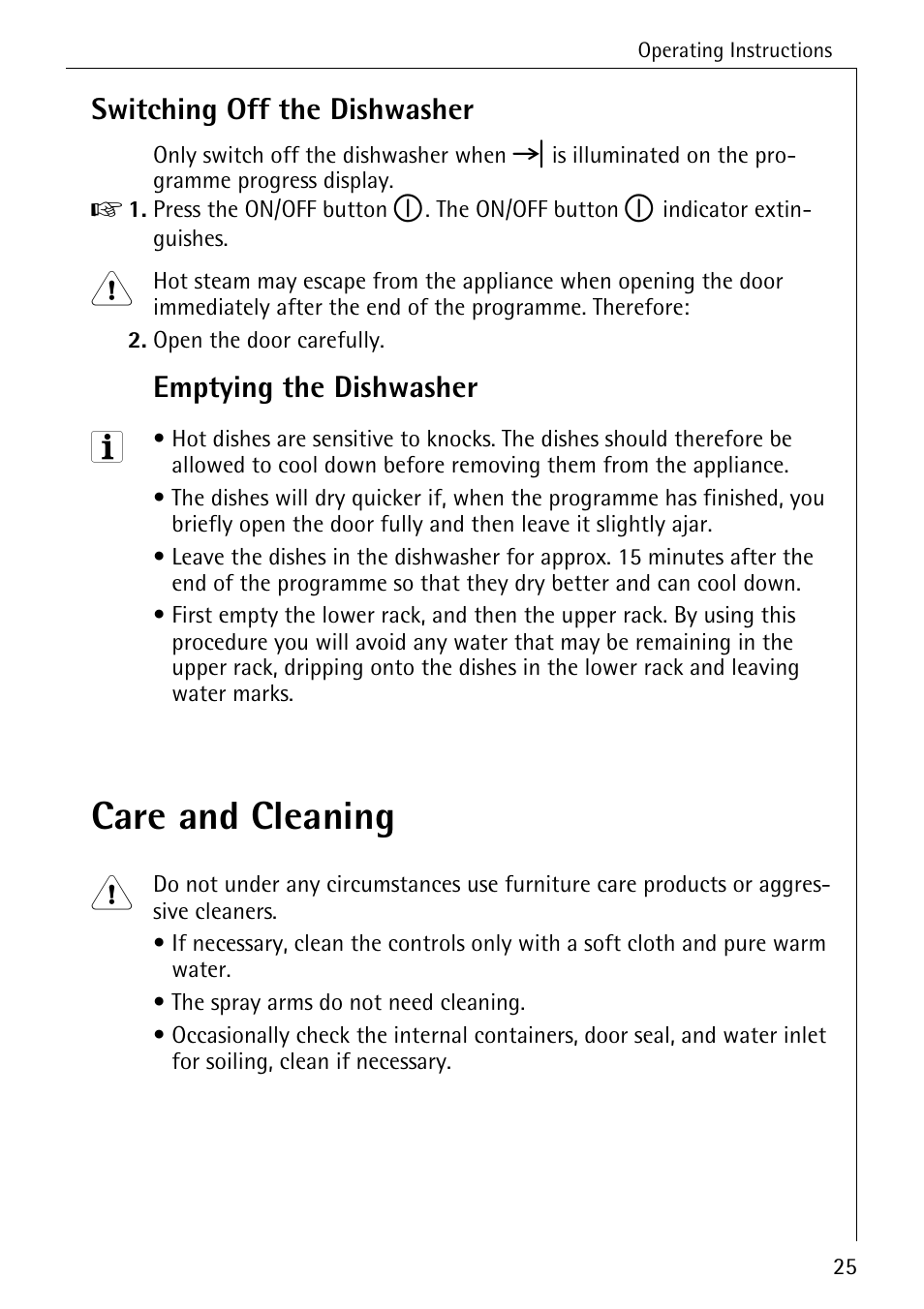 Care and cleaning, Switching off the dishwasher, Emptying the dishwasher | AEG KO_FAVORIT 5270 I User Manual | Page 25 / 44