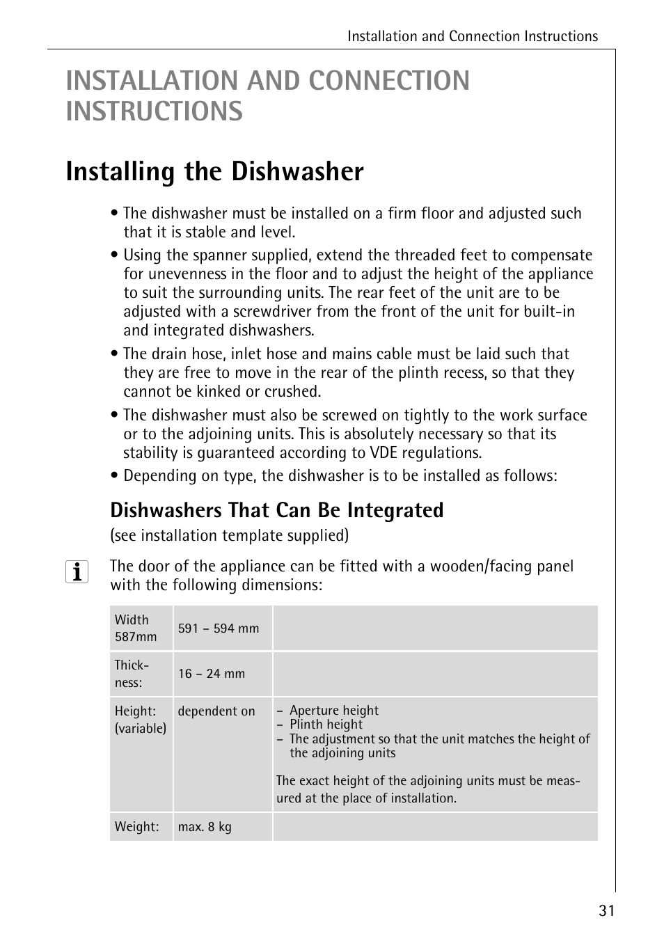 Dishwashers that can be integrated | AEG KO_FAVORIT 5270 I User Manual | Page 31 / 44