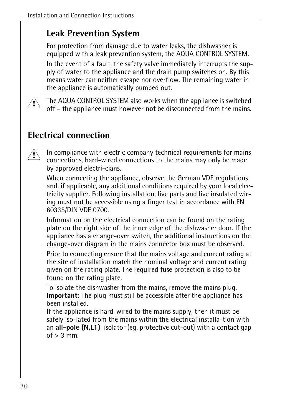 Leak prevention system, Electrical connection | AEG KO_FAVORIT 5270 I User Manual | Page 36 / 44